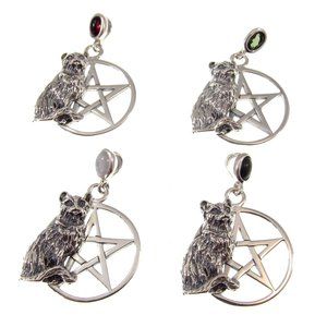Solid 925 Sterling Silver Cat Familiar Pentacle Pendant w/ Choice of Gemstone